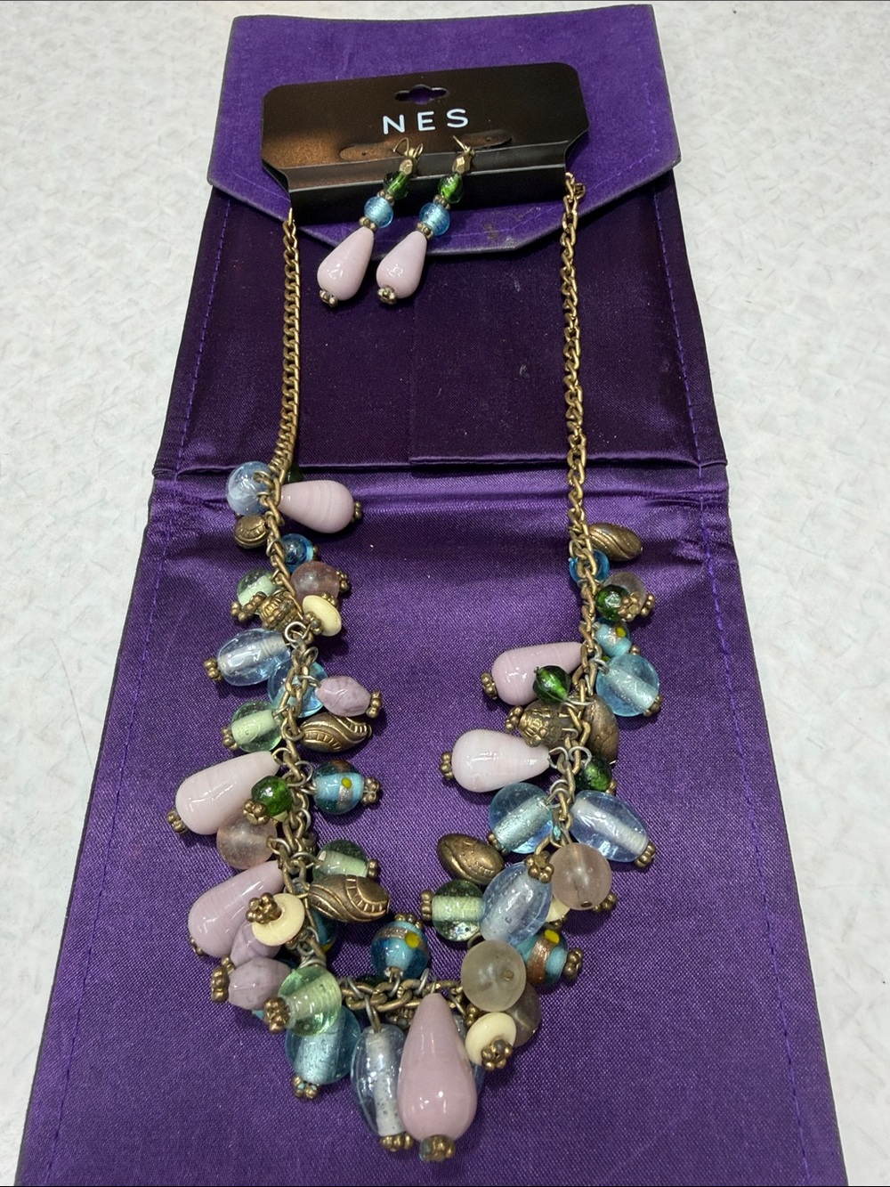 Multicolor Beaded Bib Necklace with Matching Earrings - Lavender Accents